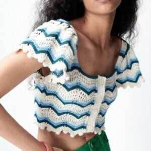 ZARA Cream Blue Green Chevron Knit Crochet Crop Top Womens S NWT Boho Coastal